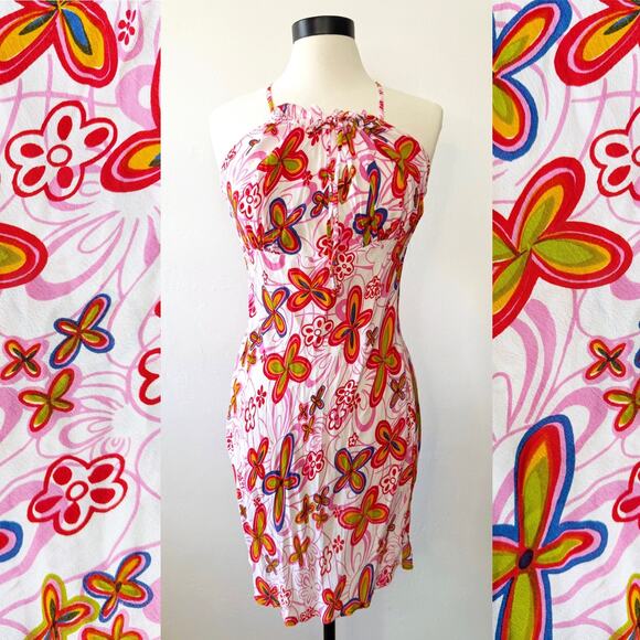 VTG 90s Y2K Funky People Rainbow Floral Midi Halter Dress - Picture 1 of 6